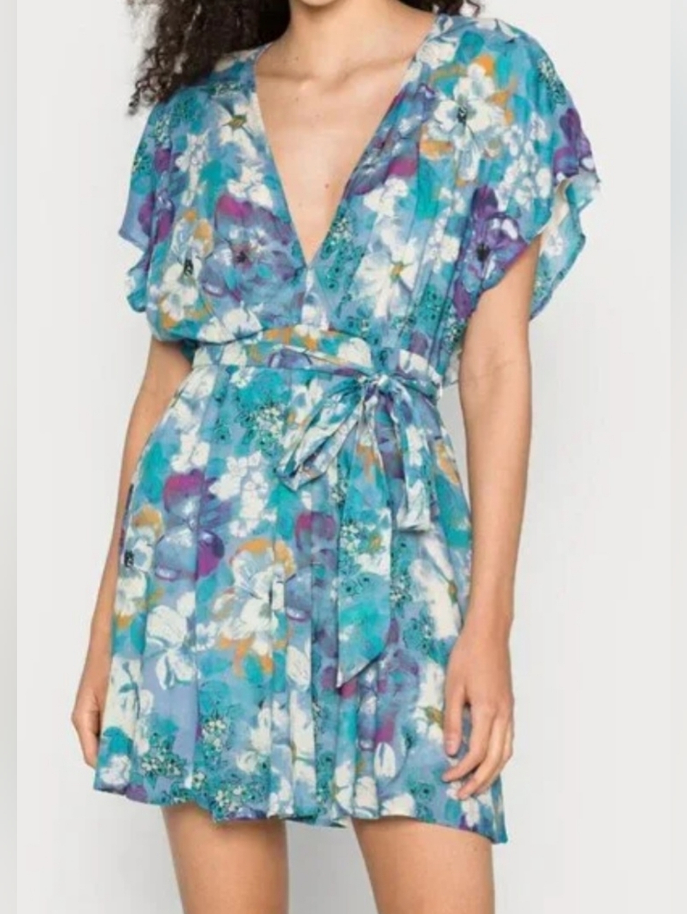 Freddy Free People- Tie Mini  Dressi  Blue Floral V-Neck Tie-Waist- Size M (New)